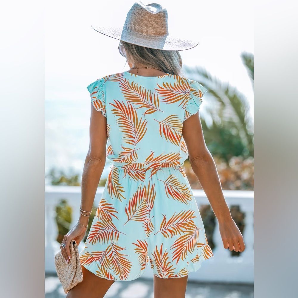 Cupshe Sz SMALL Lightweight Tropical Leaf Romper w/ Stretch Waist, Ruffles #boho - Picture 2 of 14